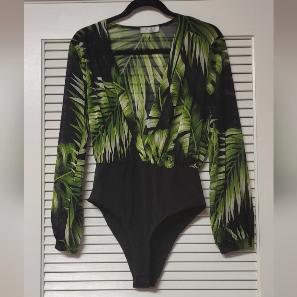 A3 Design - Sheer Tropical Floral Long-Sleeve Bodysuit